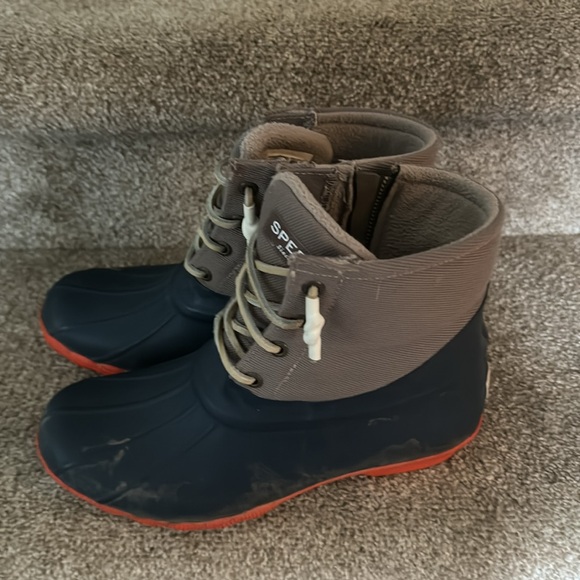 Sperry duck boots, women’s size 8. Orange, blue, and light brown in color, worn. - Picture 2 of 8